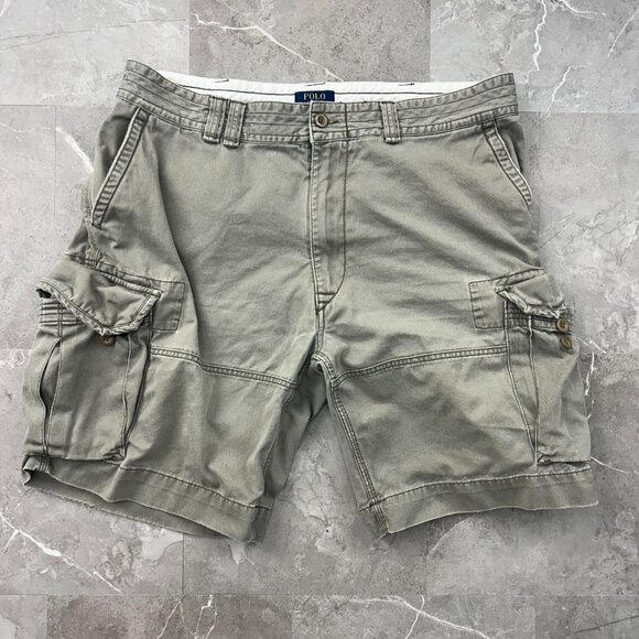 Polo Ralph Lauren Cargo Shorts Mens 40 Classic Chino Tan Distressed Preppy - Picture 1 of 13